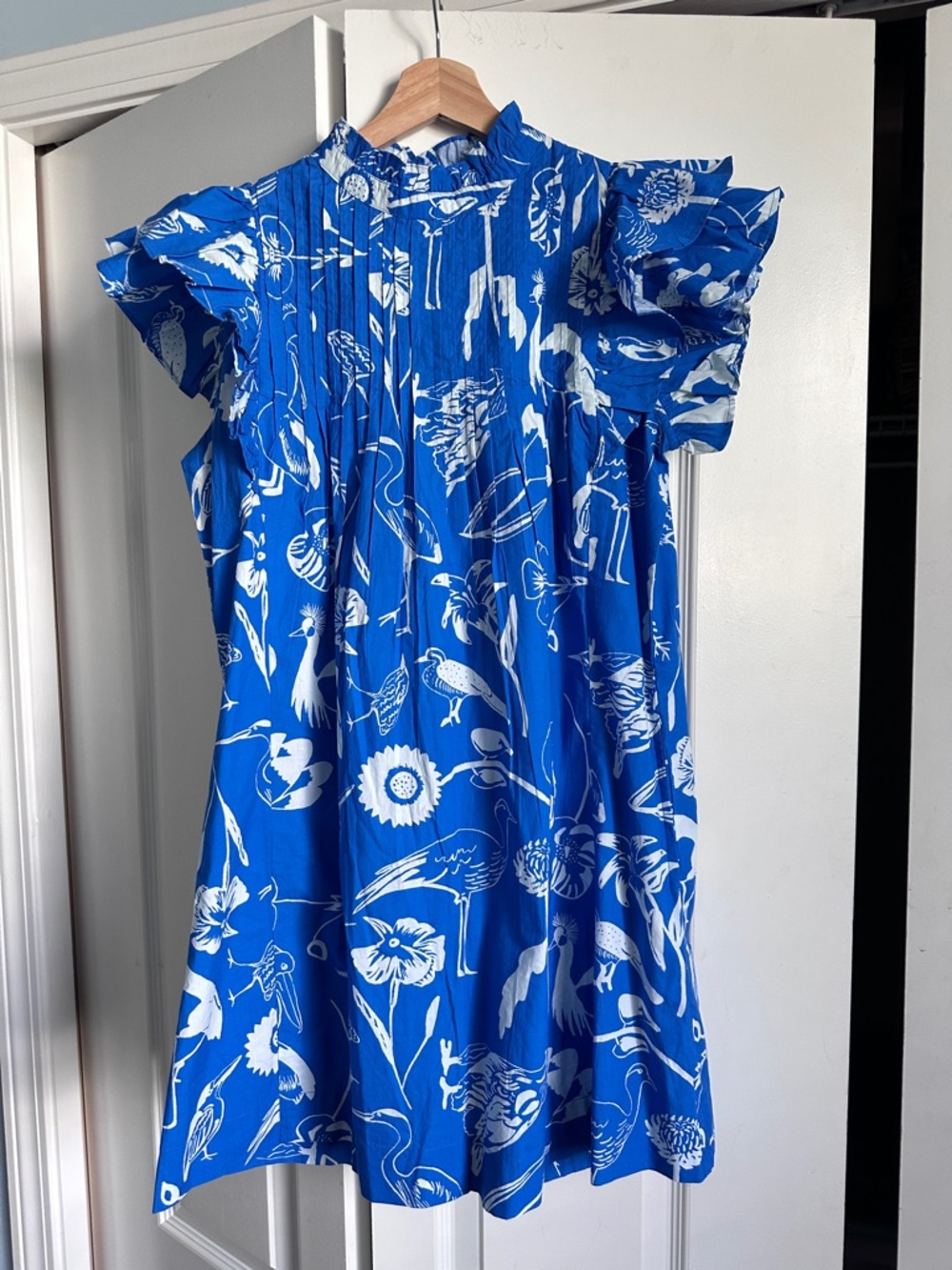 Oliphant Cotton Blue Floral & Bird Print Dress Sz S - never worn- with pockets